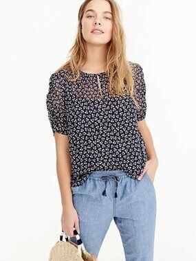 J.CREW Navy Blue Floral Metallic Sparkle Chiffon Ruched Sleeve Blouse, Size XS